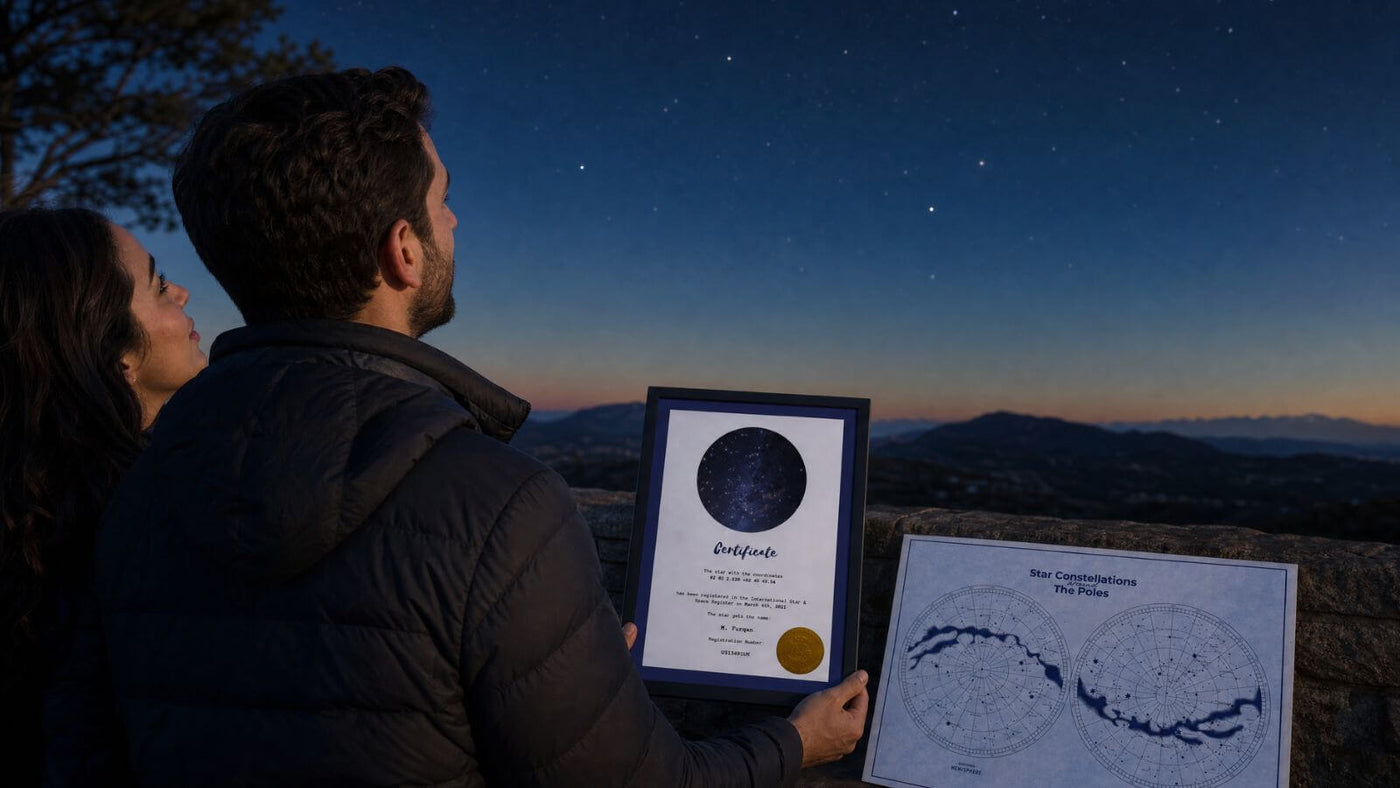 Couple viewing the night sky with a personalized star naming certificate
