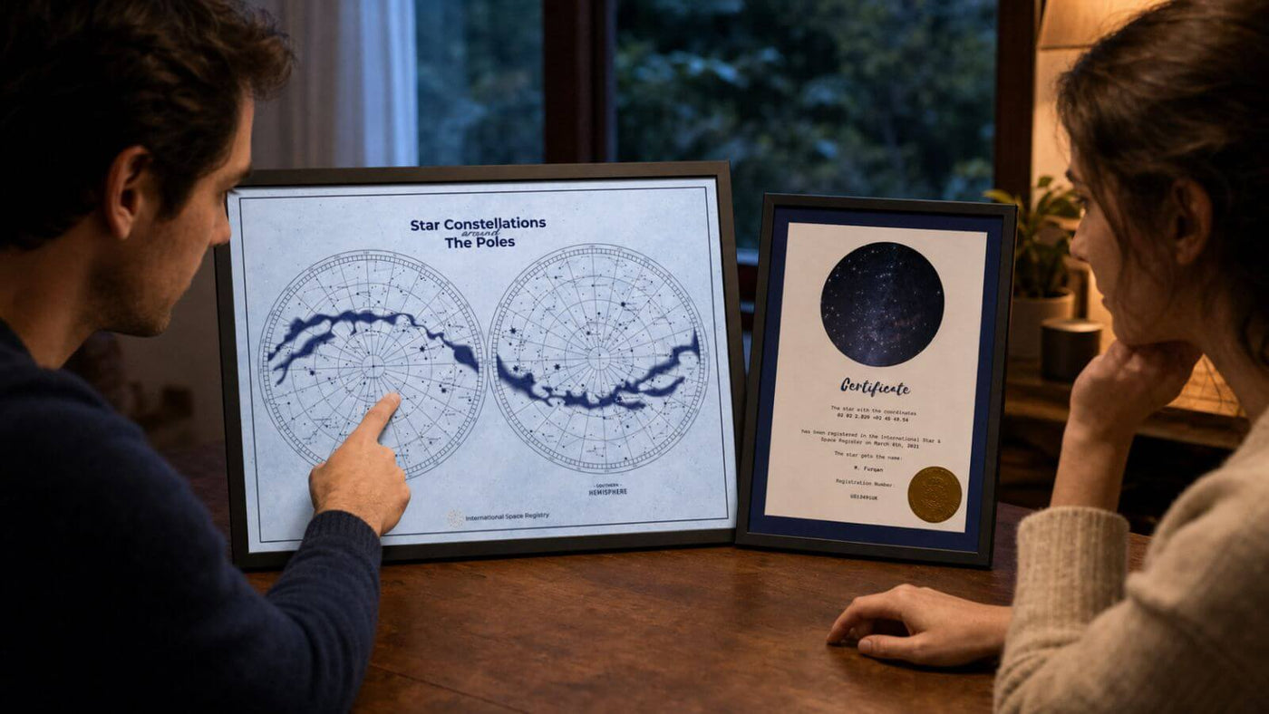 Couple choosing a constellation beside a personalized star naming certificate