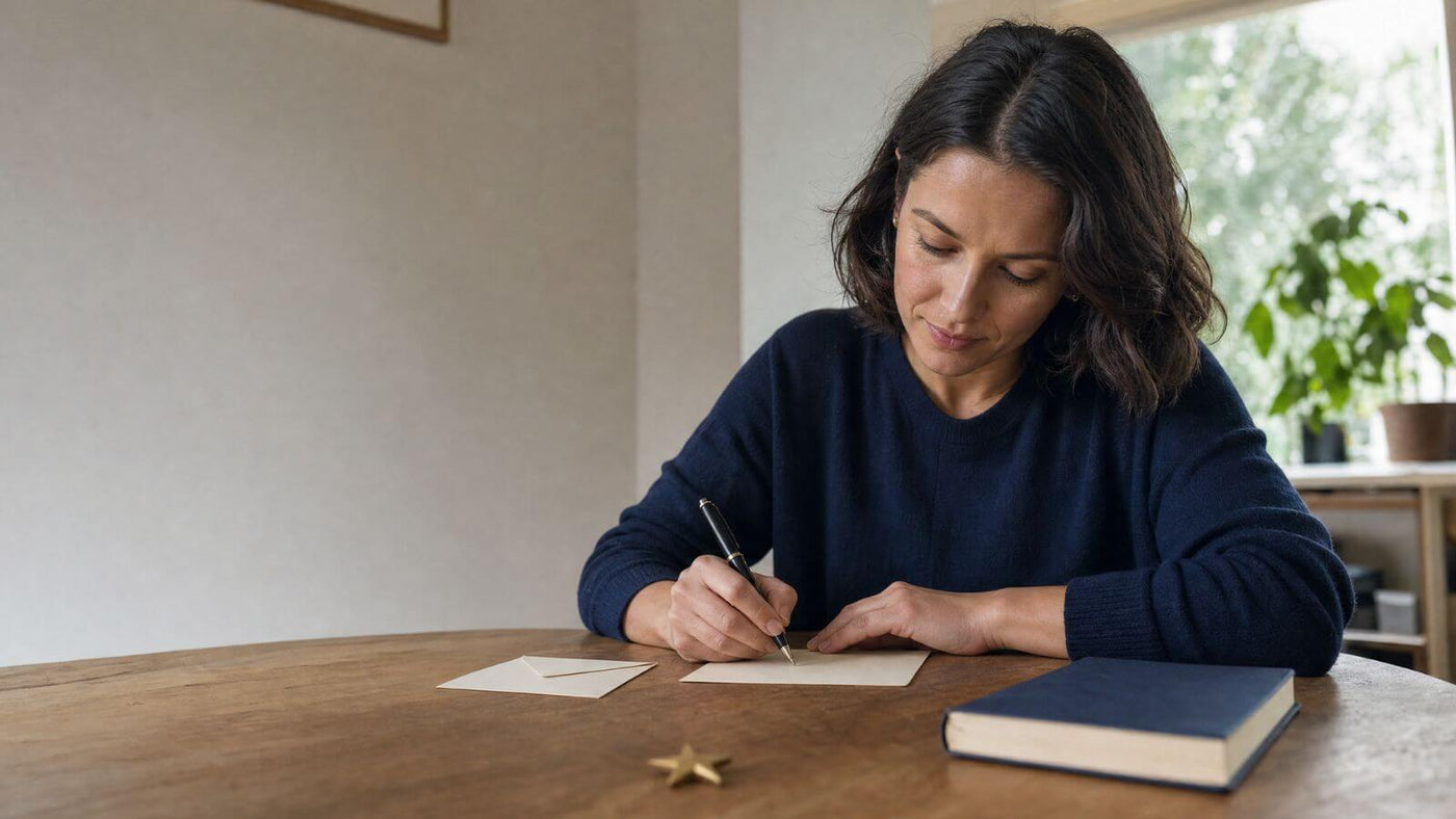 Person writing a personal star dedication at a bright, natural home desk
