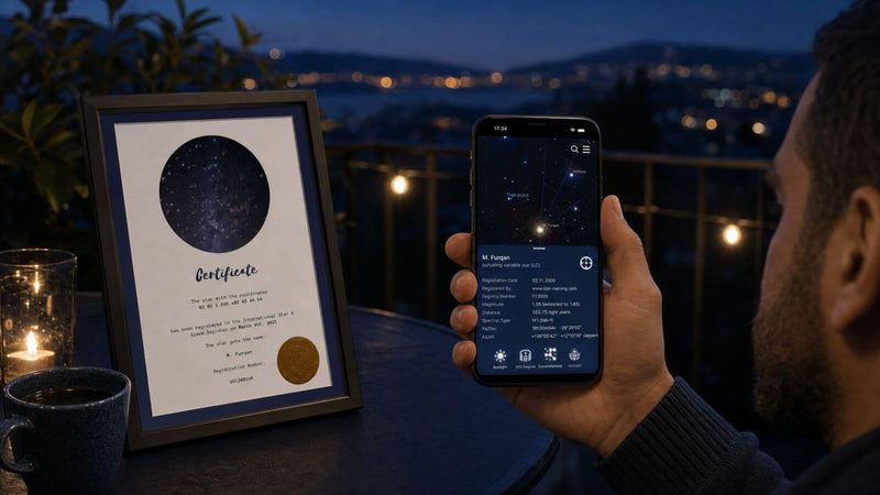 Person using the Universe Star Finder App beside a Star-Naming.com certificate