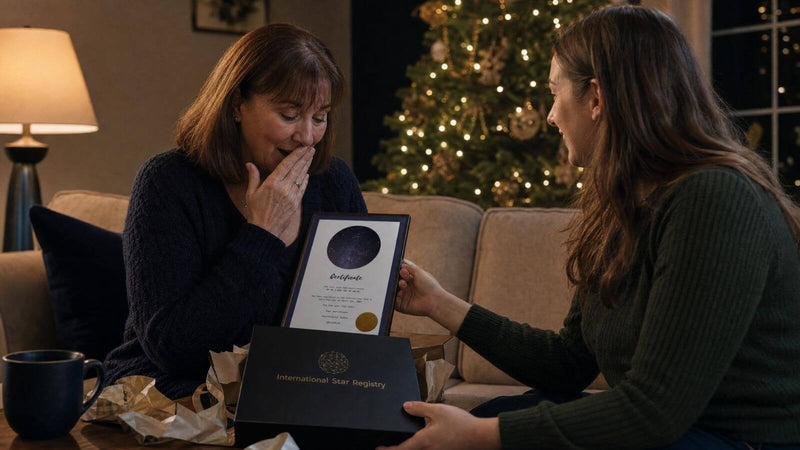Mother receiving a personalized Star-Naming gift from her daughter on Christmas Eve