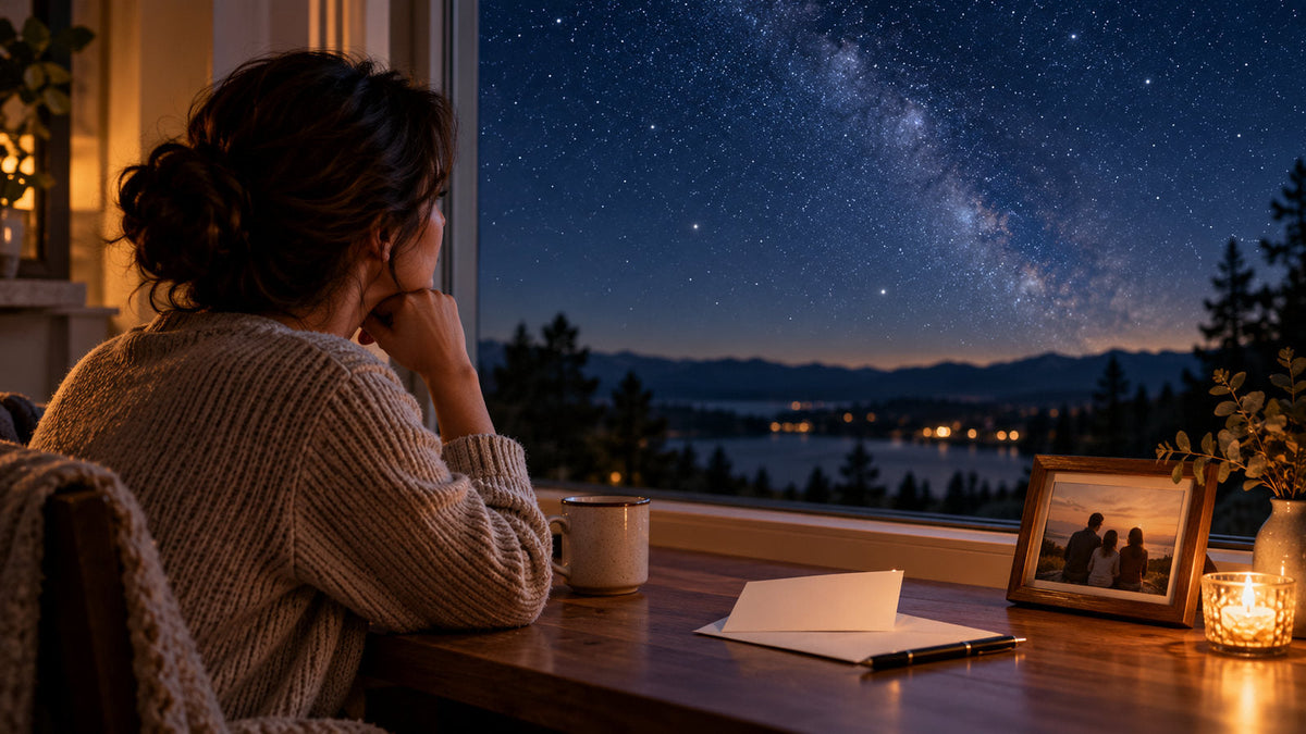 Adult quietly remembering someone by a window beneath a night sky