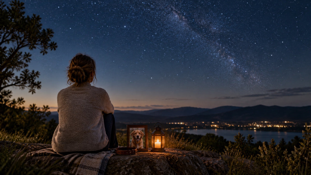 Person remembering a beloved pet beneath a clear starry sky