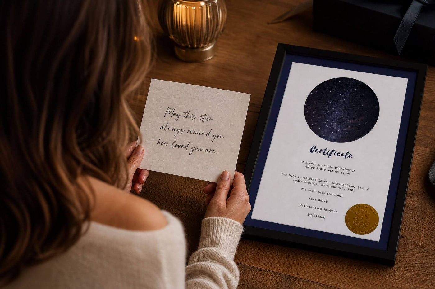Personal star dedication certificate with a message card and coordinates on a dark background.