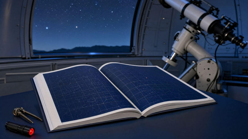 Celestial atlas with a star coordinate grid inside an observatory at night