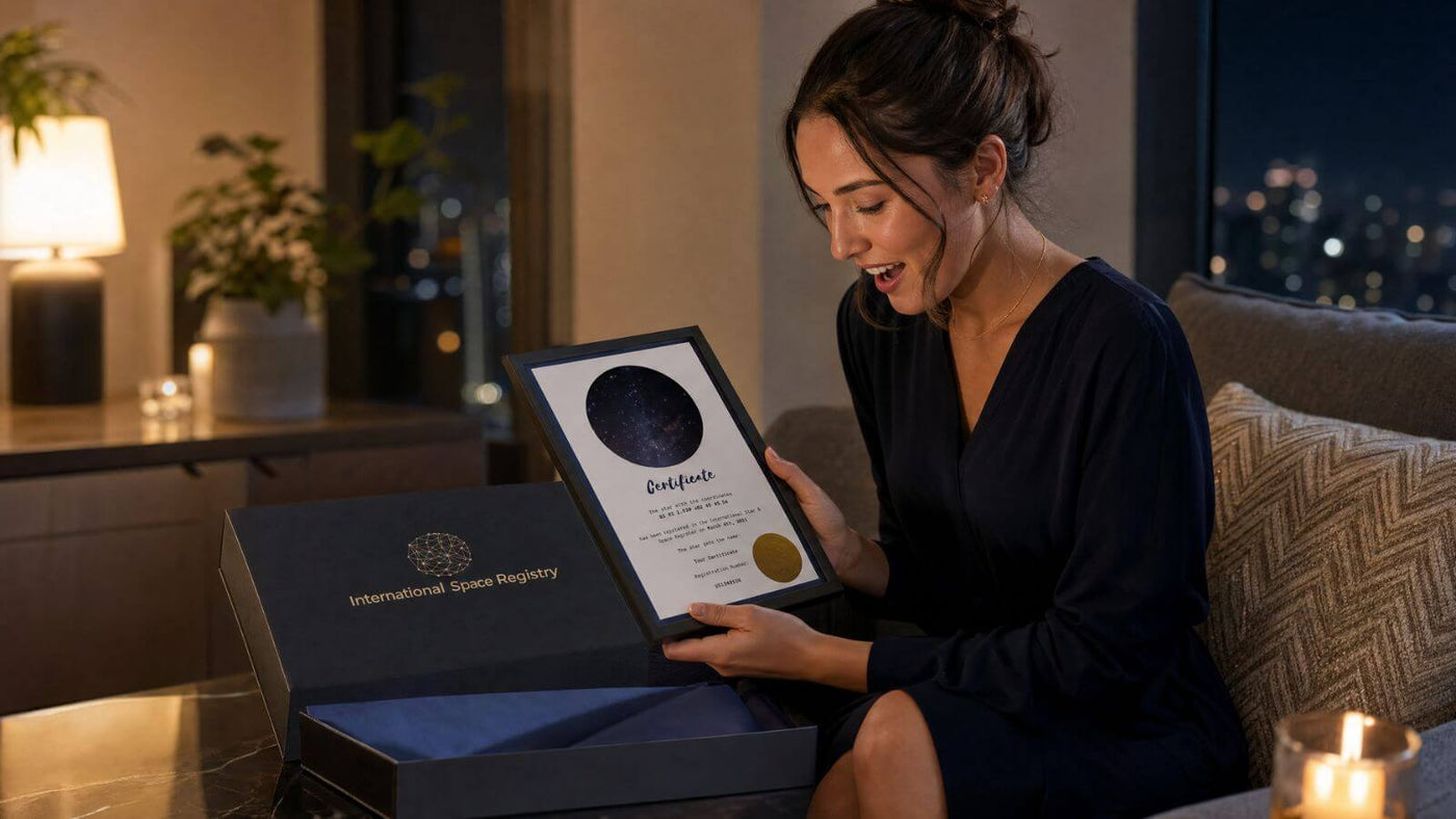 Woman receiving a personalized Star-Naming birthday gift during an intimate celebration