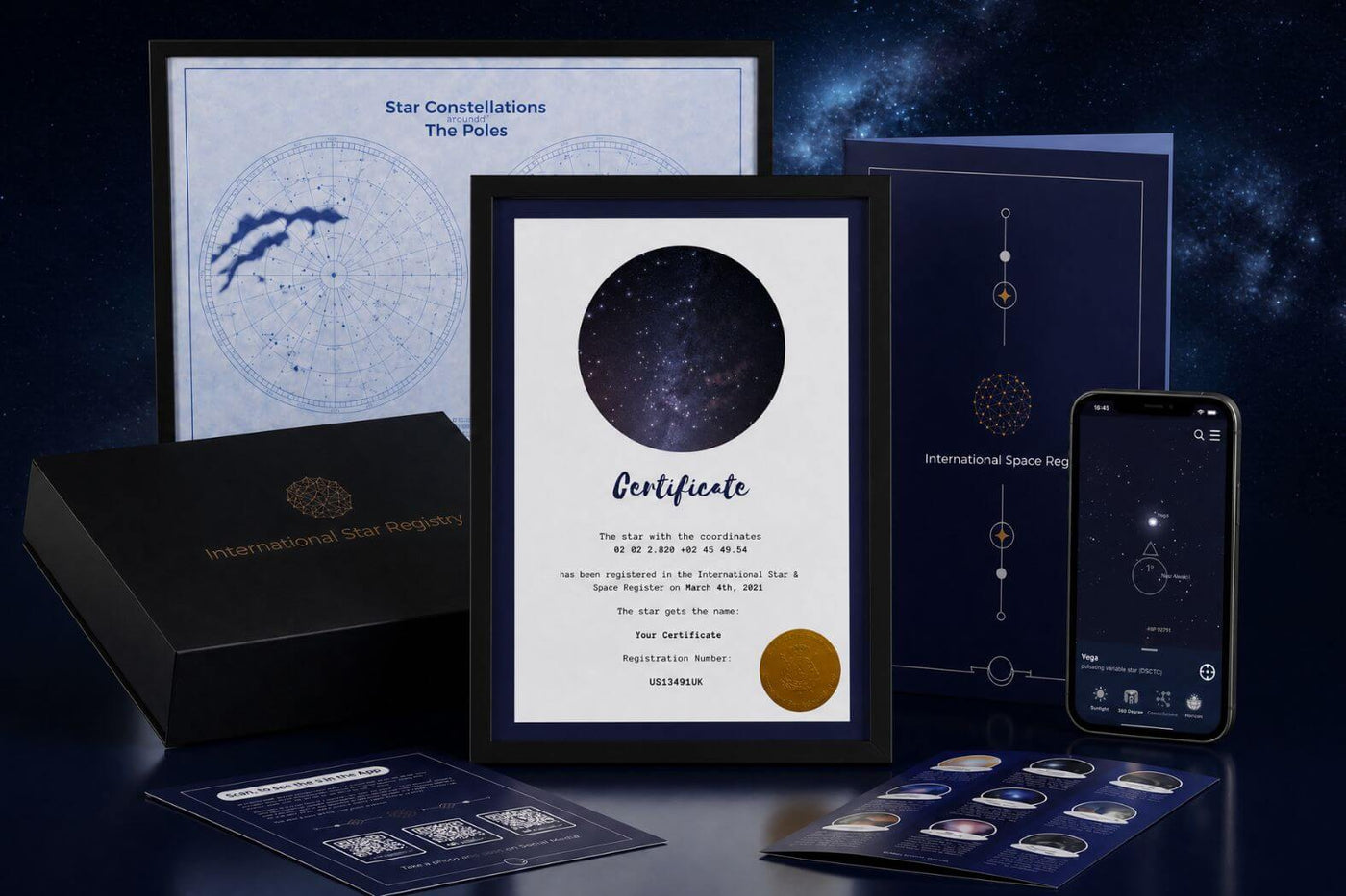 The name a star gift set with certificate, presentation folder and universe star finder app