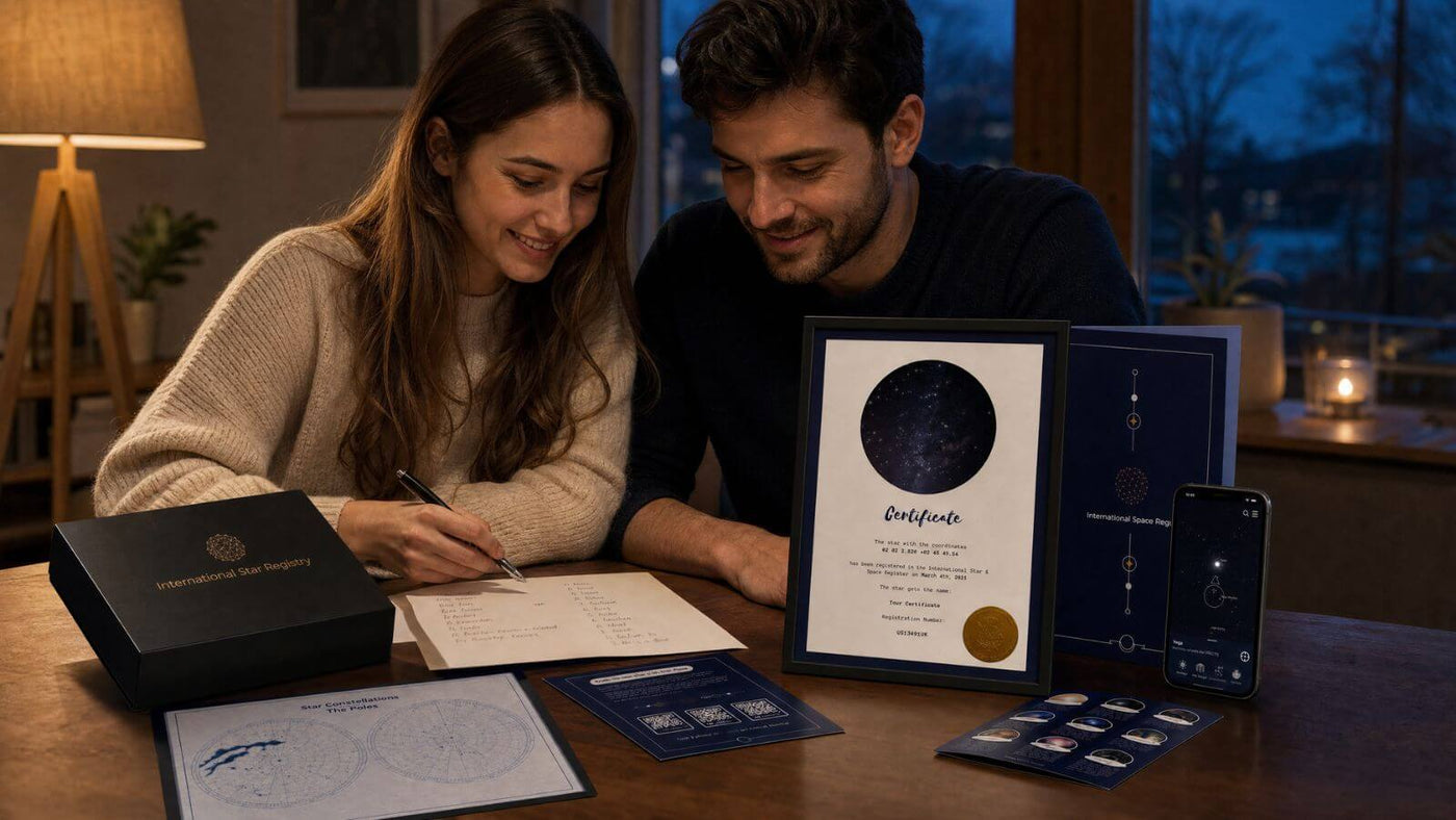 Couple choosing a meaningful star name beside a Star-Naming gift set