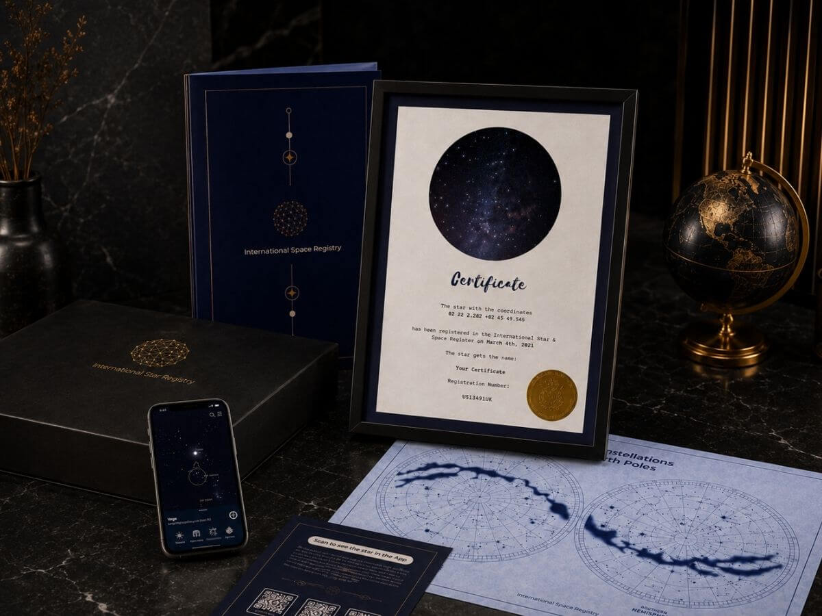 Personalized star naming certificate, gift folder and app preview on a dark desk..