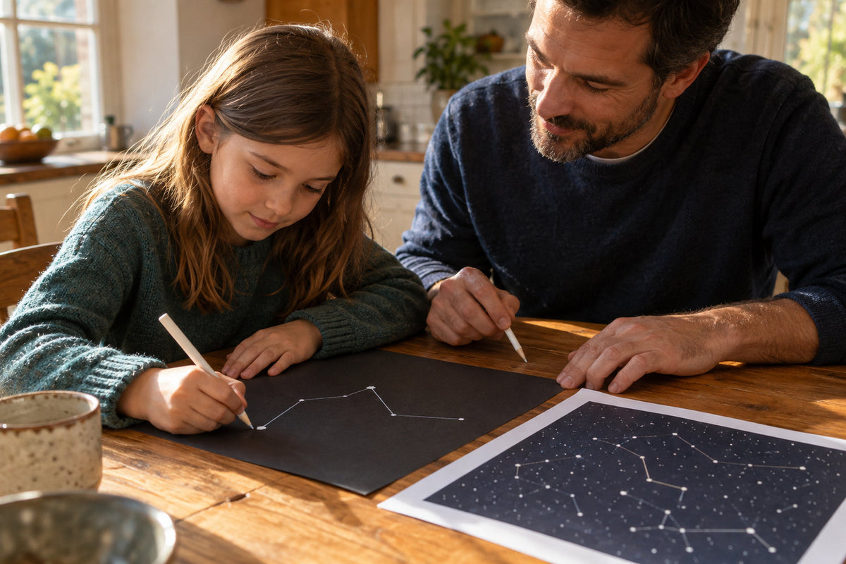 Child and parent drawing a constellation together at a table
