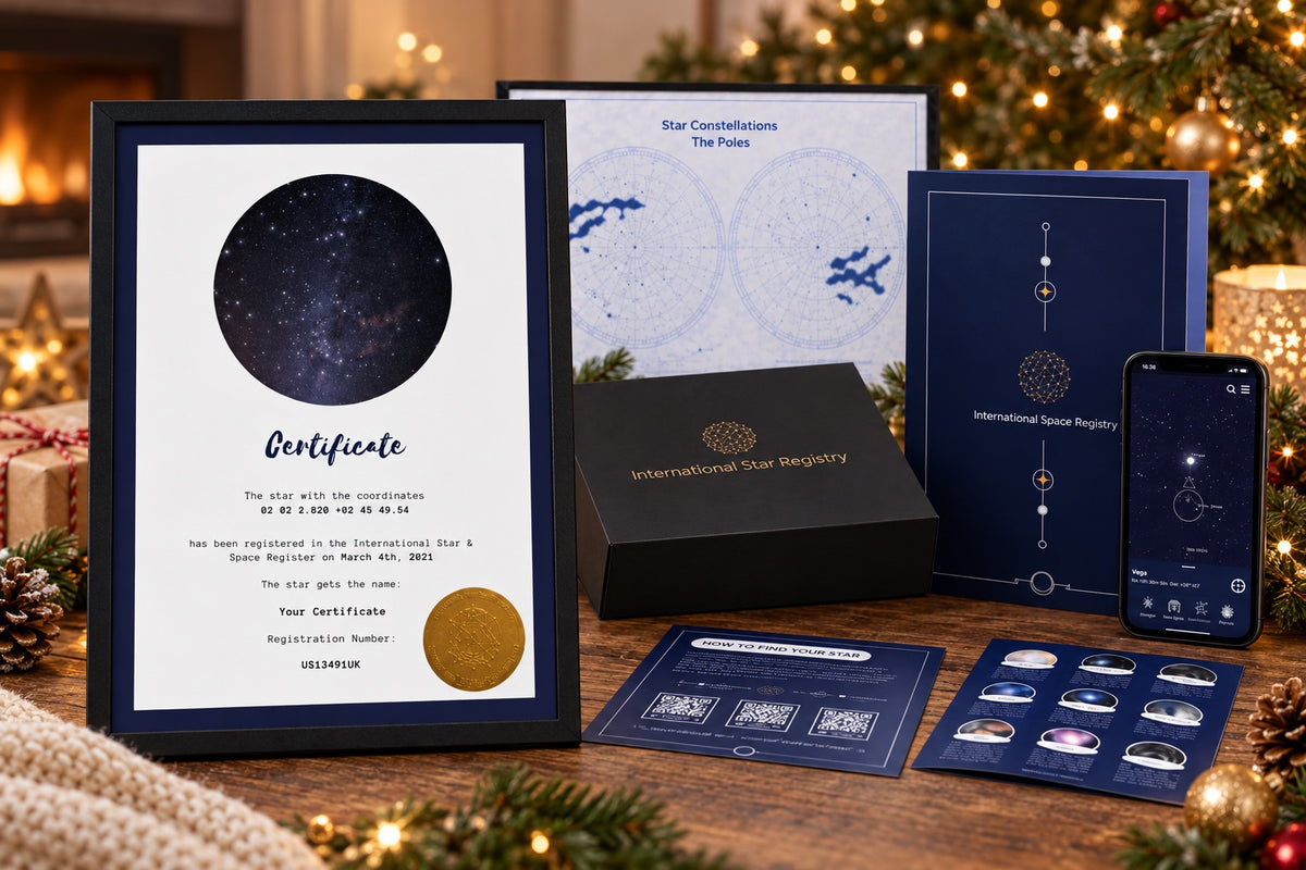 Front-facing Star-Naming gift set with English certificate, constellation poster, registry materials and app at Christmas