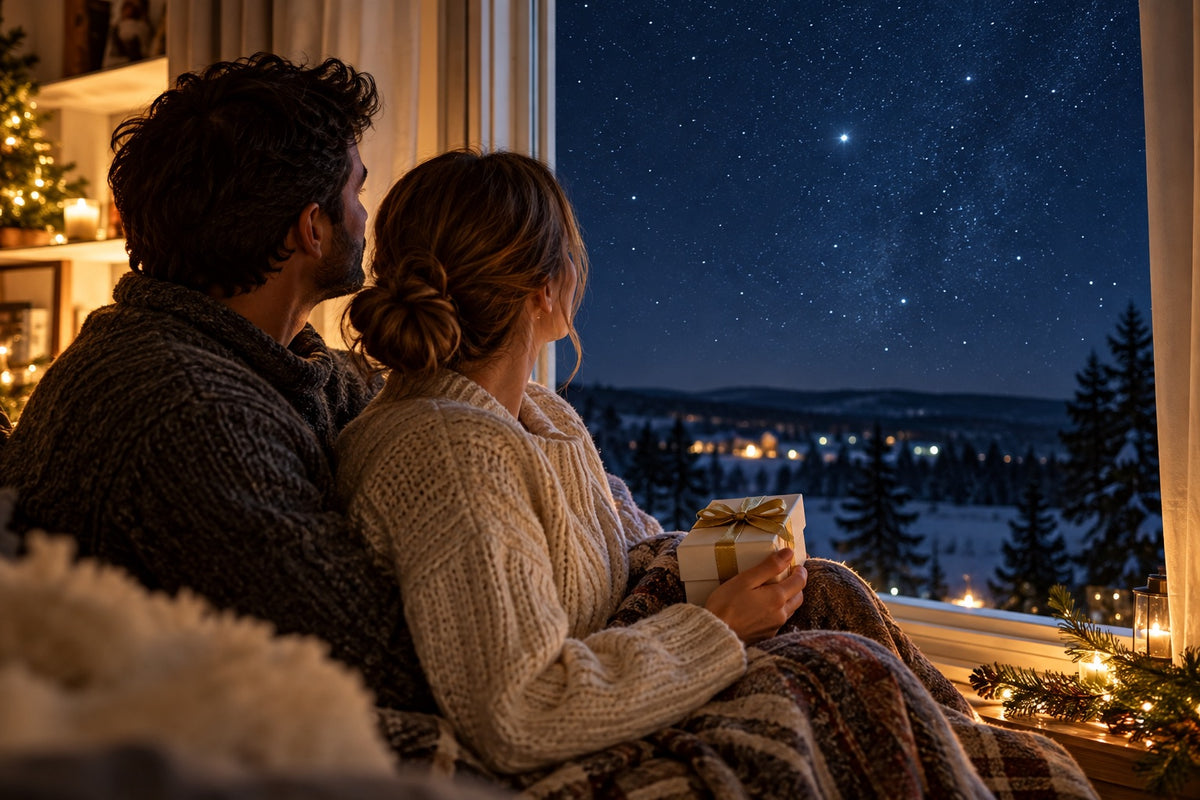 Two adults sharing a quiet Christmas moment while looking at the winter sky