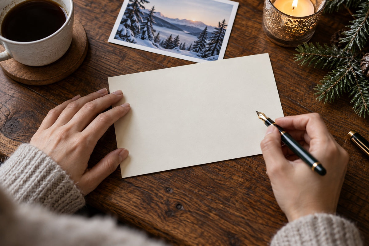 Blank cream card and pen ready for a personal Christmas star message