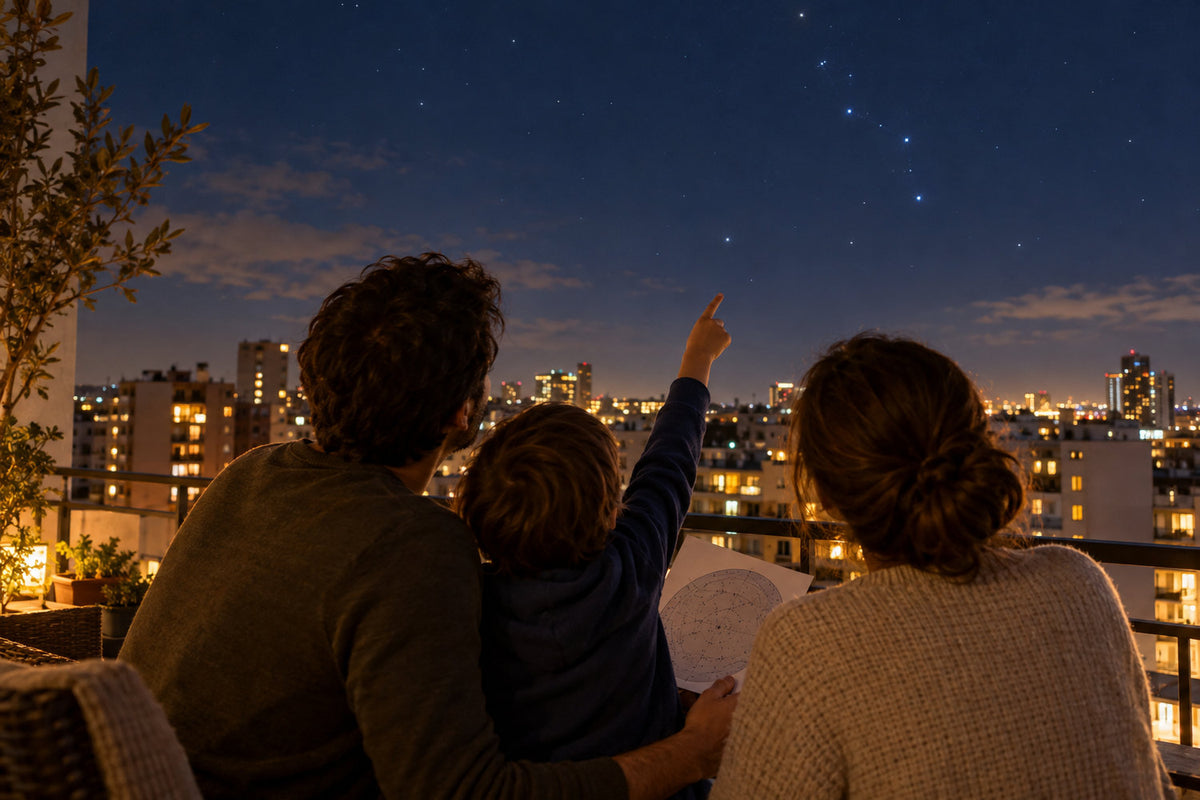 Family using a star chart while stargazing from a city balcony