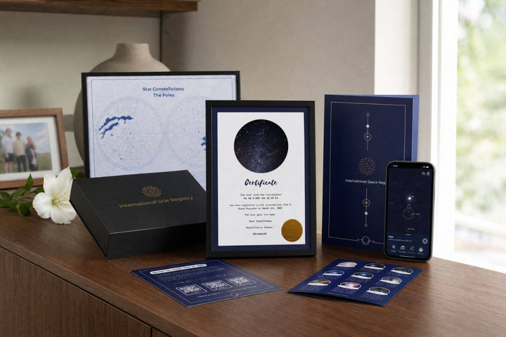 Memorial star gift set with framed certificate, presentation box, star map and app