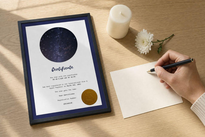 Memorial star certificate beside a candle, flowers and a handwritten dedication