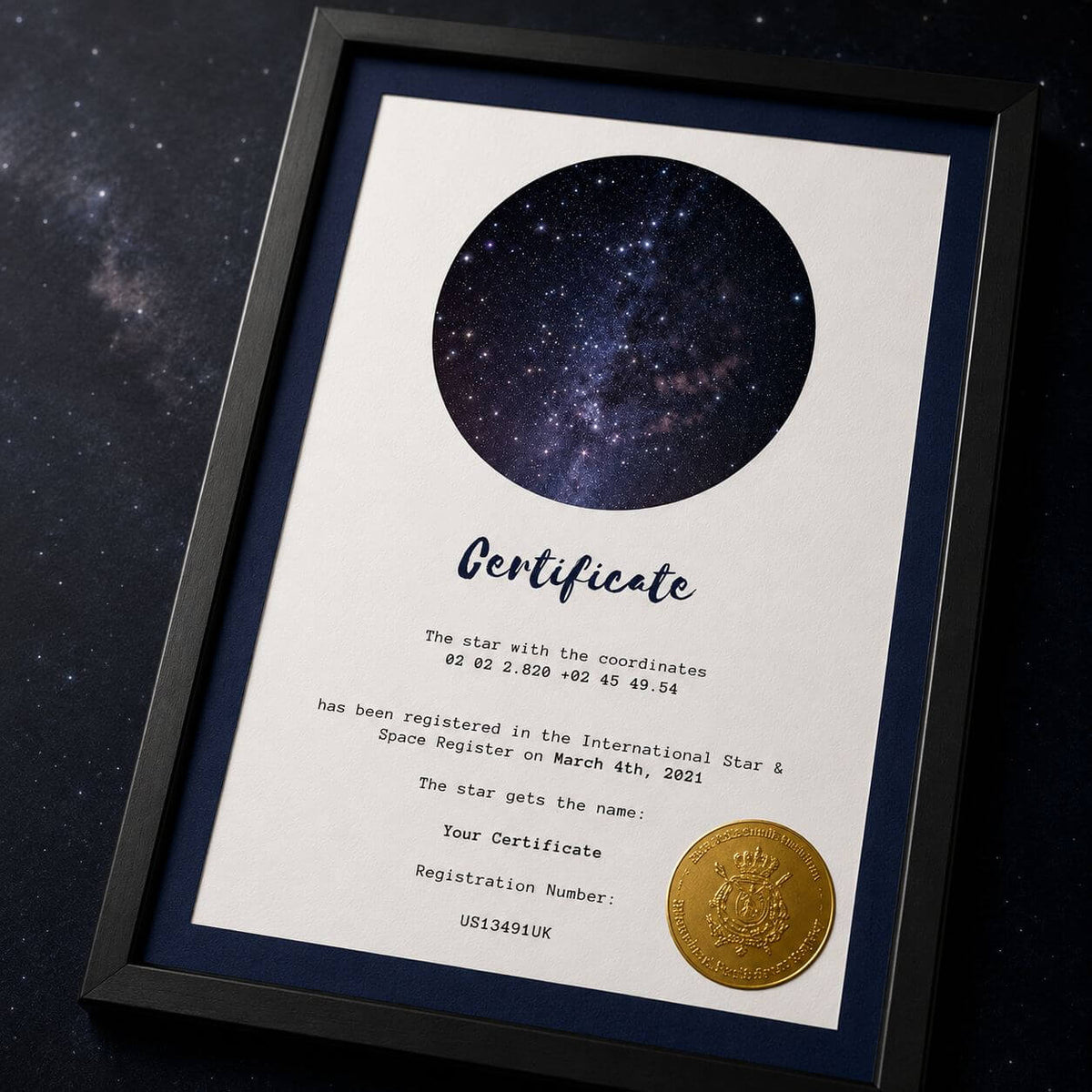 Close-up of an authentic Star-Naming certificate showing its printed coordinates, name and registration number