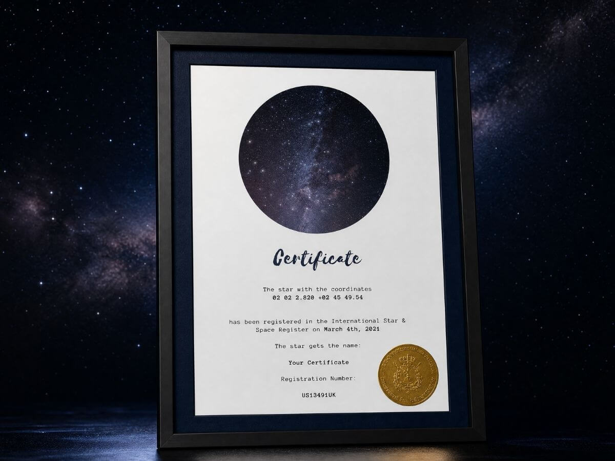 Personalized star certificate with coordinates, registration number and app preview.