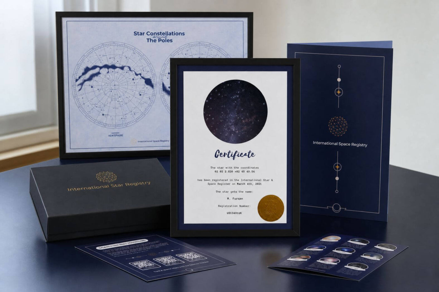 Star naming gift set with personalized certificate and constellation poster
