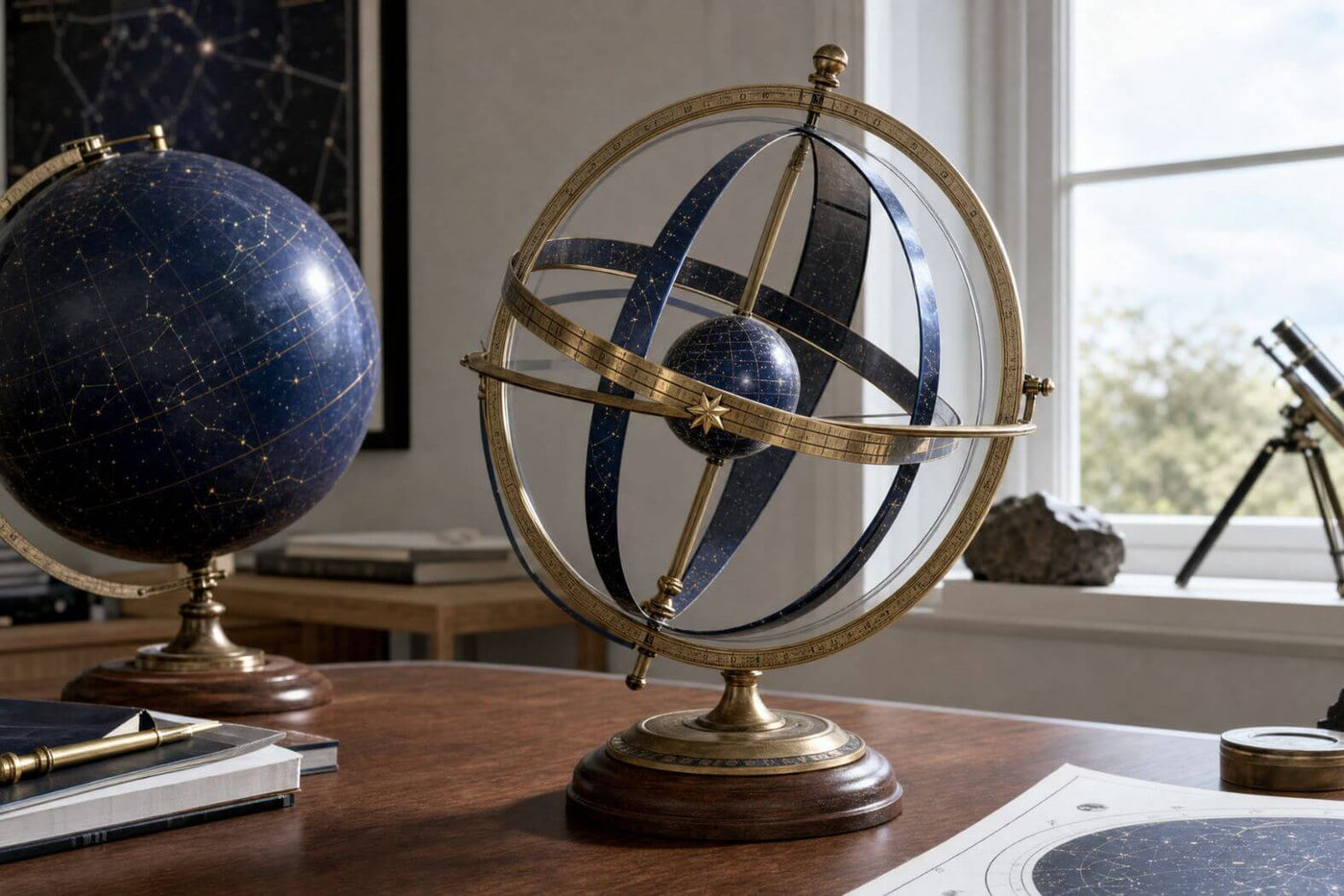 Armillary sphere illustrating right ascension and declination coordinate lines