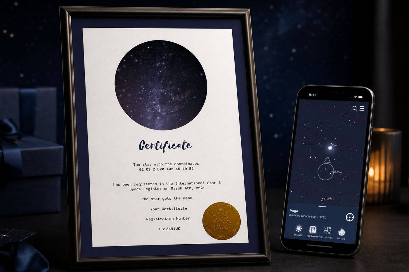 Personalized star certificate with coordinates, registration number and app preview.