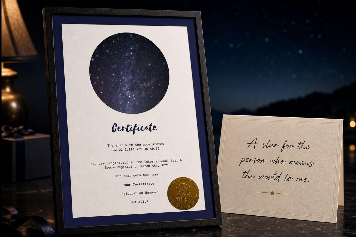 Personalized star dedication certificate with a message card on a dark night sky background.