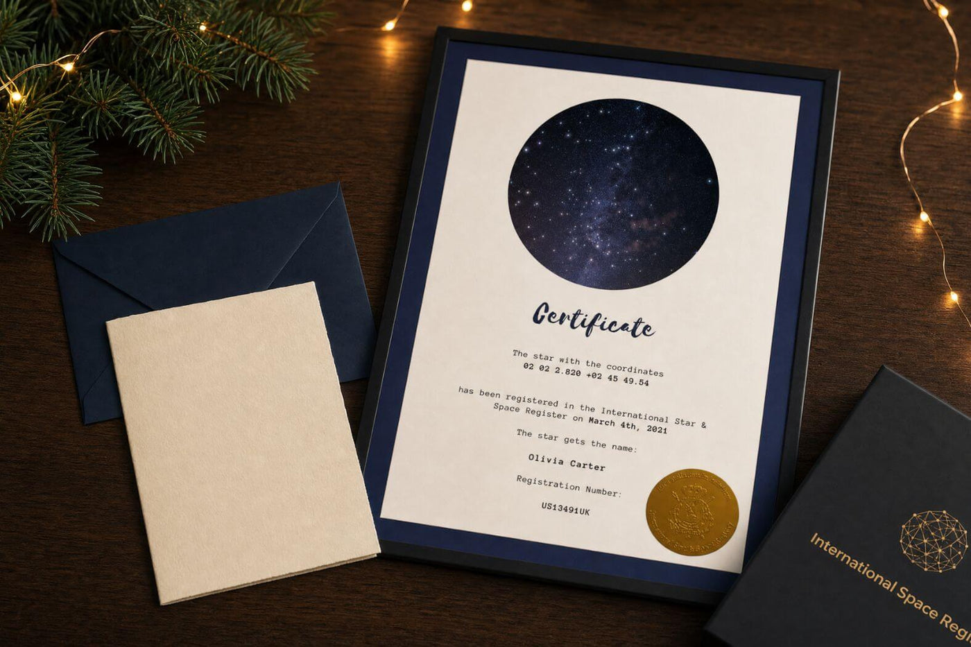 Personalized Star-Naming certificate for Olivia Carter presented as a Christmas gift