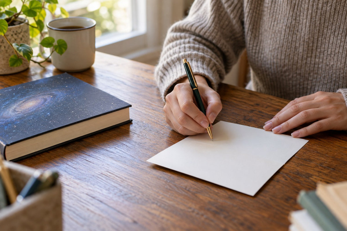 Person preparing a handwritten thank-you note for a teacher